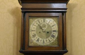 Long Case Clock Face by Benjamin Huntsman  in the Volunteers’ Room 